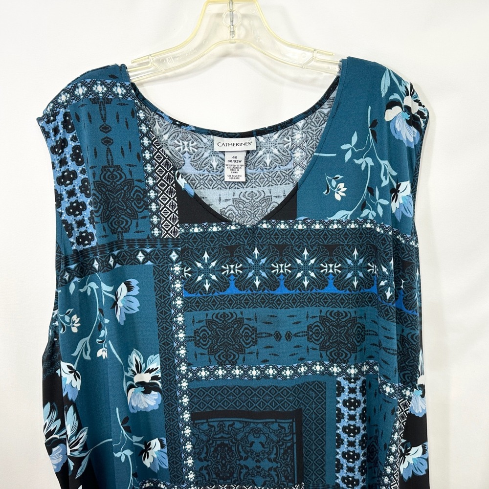 Catherines Plus Size 30/32W Tank Top 4X Teal Blue Floral Patchwork Boho 909 - Picture 4 of 8